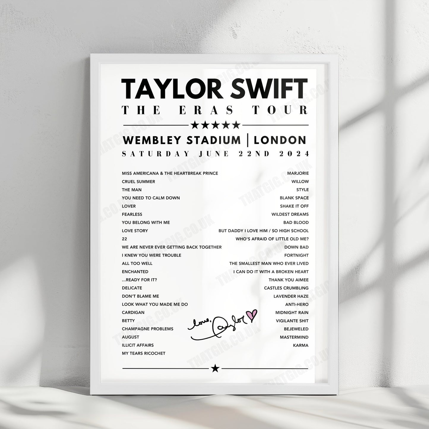 Taylor Swift Setlist Poster - Wembley Stadium, London, June 22nd 2024