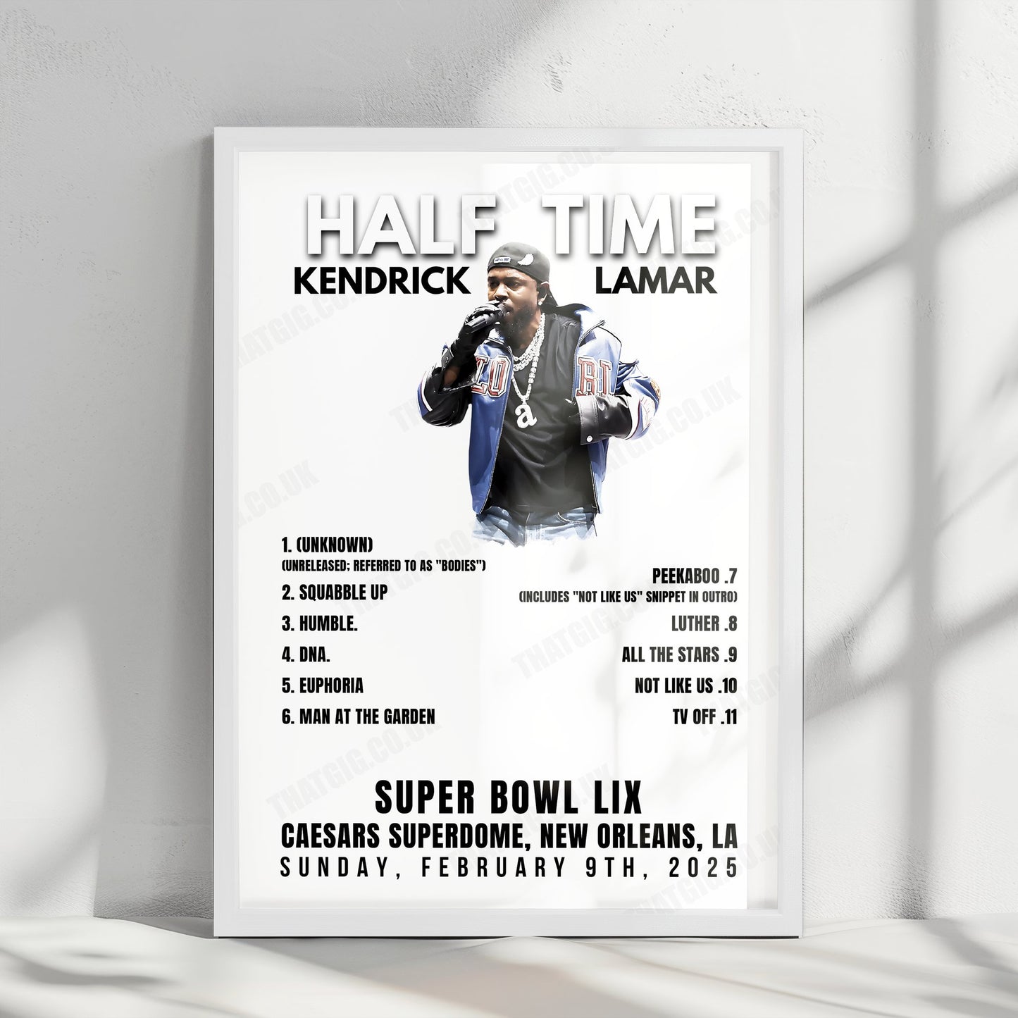 Kendrick Lamar Setlist Poster - Halftime Super Bowl LIX, Caesars Superdome, New Orleans - February 9th, 2025