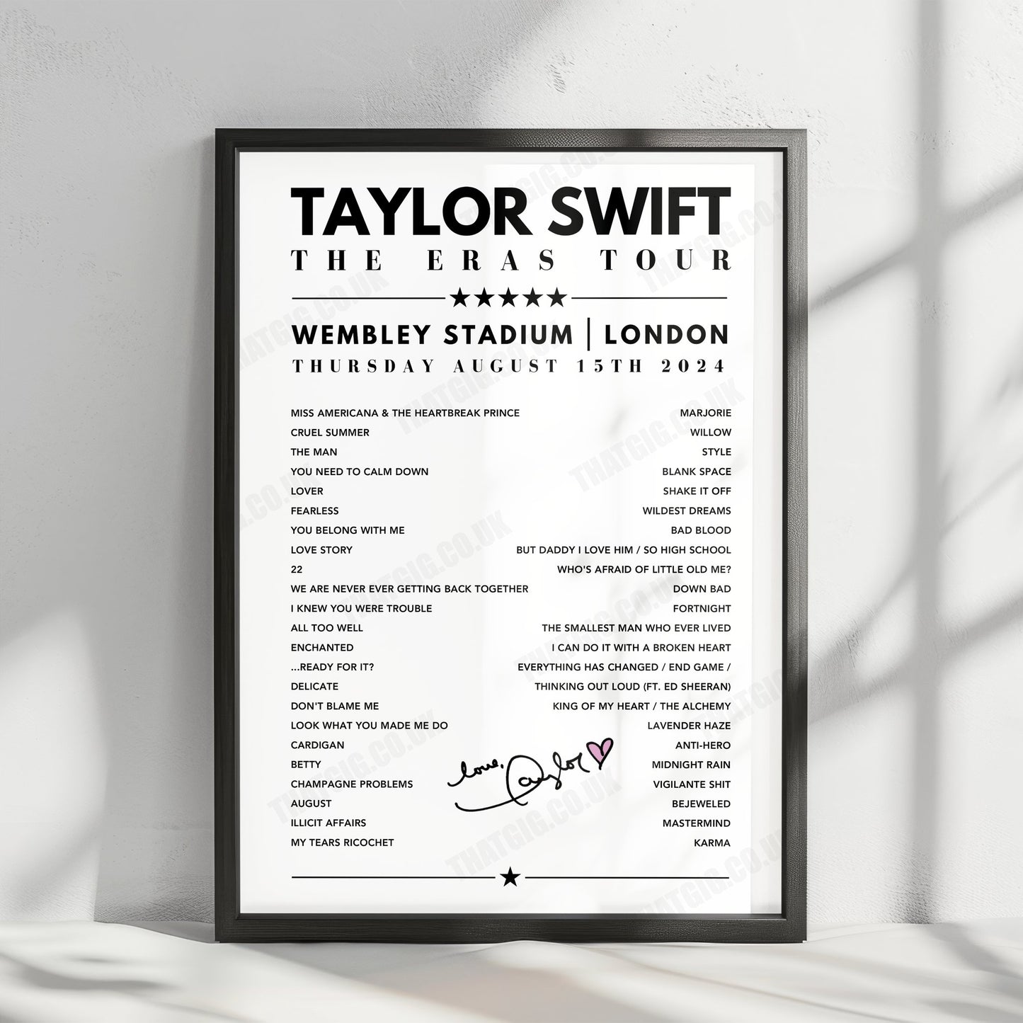 Taylor Swift Setlist Poster - Wembley, London - 15th August 2024