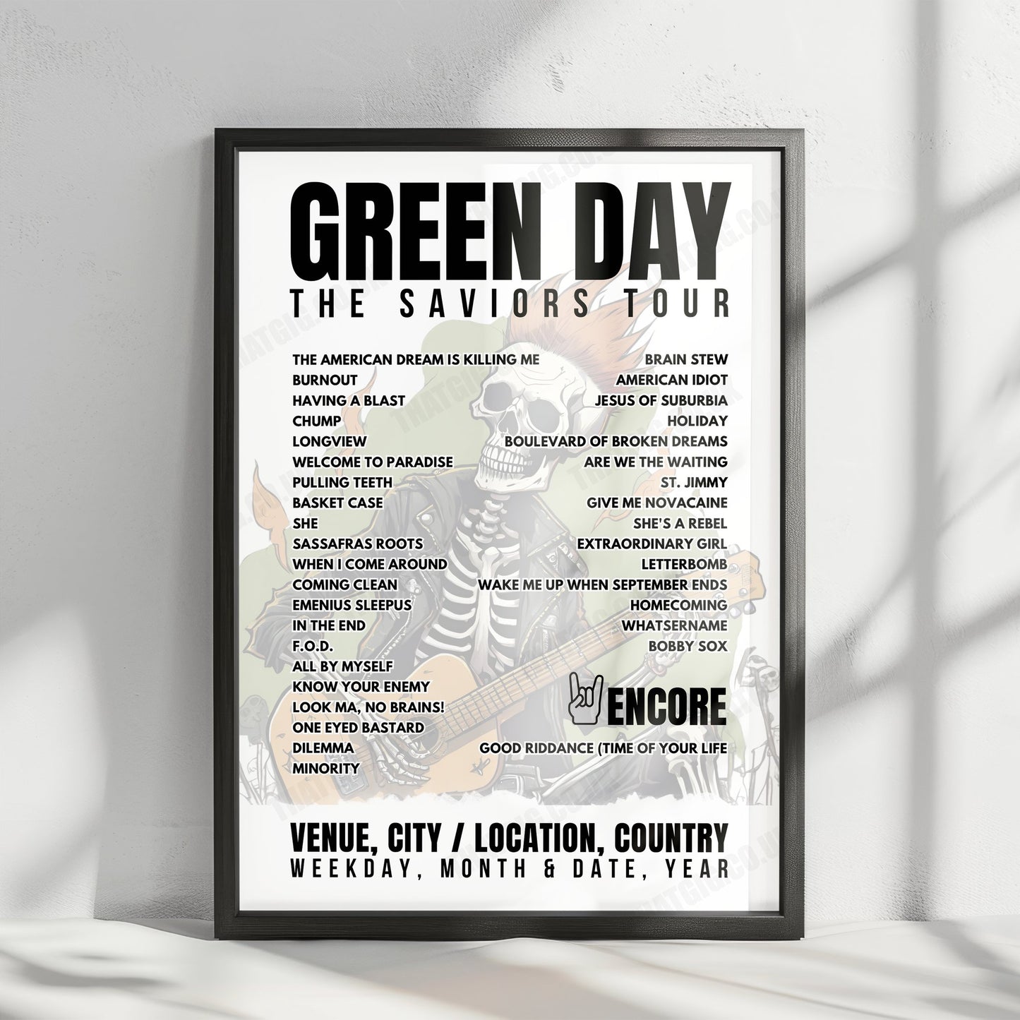 Green Day Setlist Poster - Bellahouston Park, Glasgow - June 25th, 2024