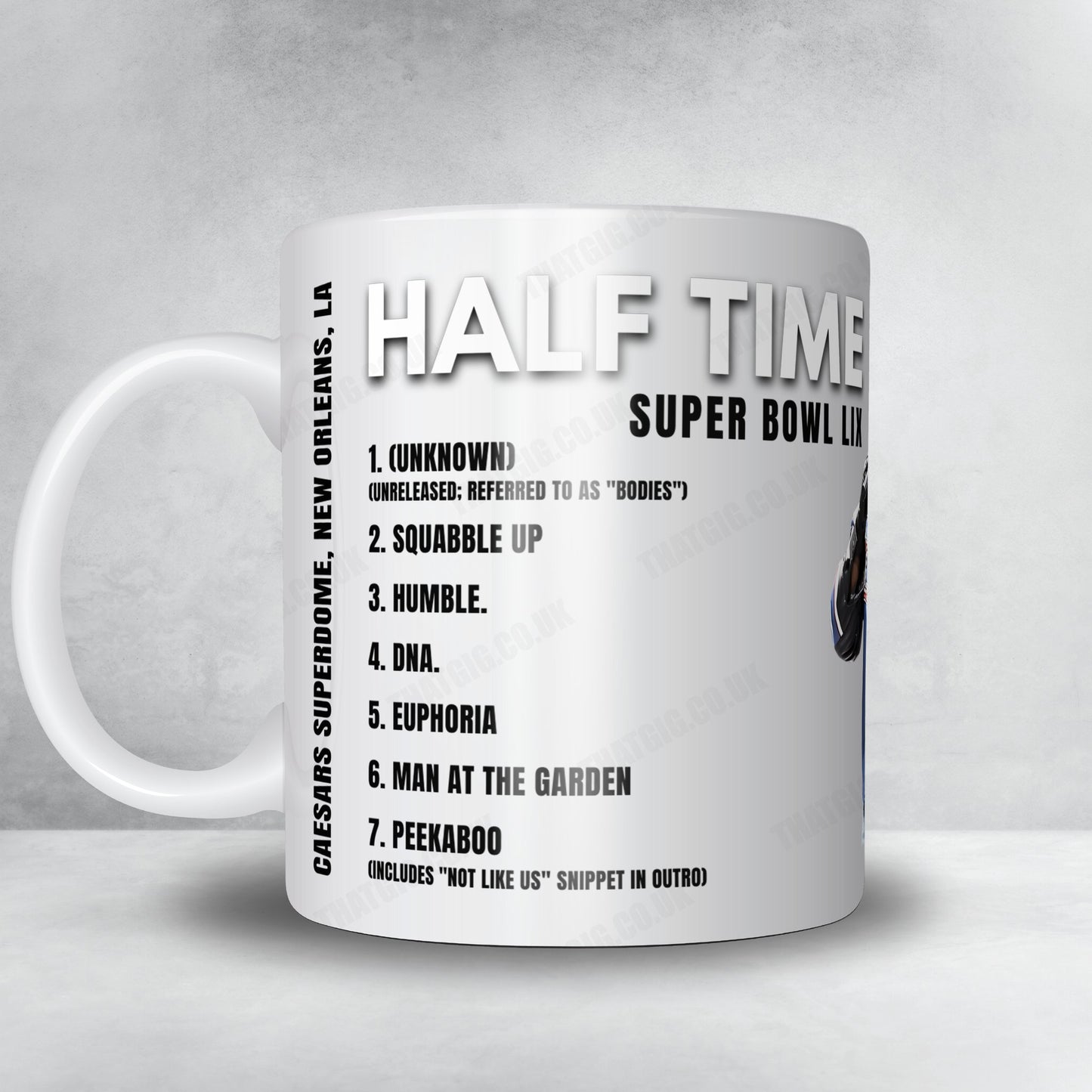 Kendrick Lamar Setlist Mug - Halftime Super Bowl LIX, Caesars Superdome, New Orleans - February 9th, 2025