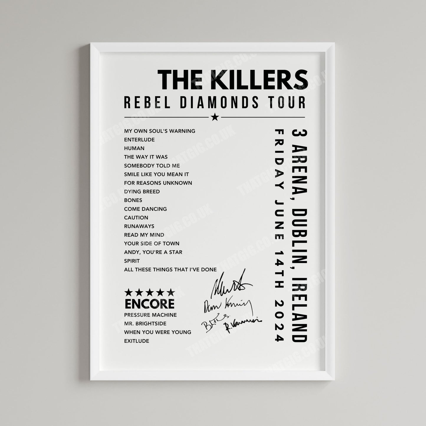 The Killers Setlist Poster - at the 3Arena, Dublin - June 14th, 2024