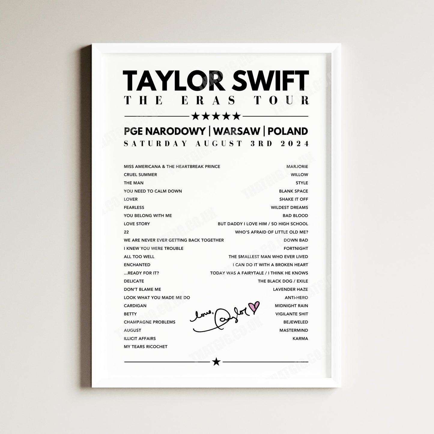 Taylor Swift Setlist Poster - PGE Narodowy, Warsaw - August 3rd, 2024