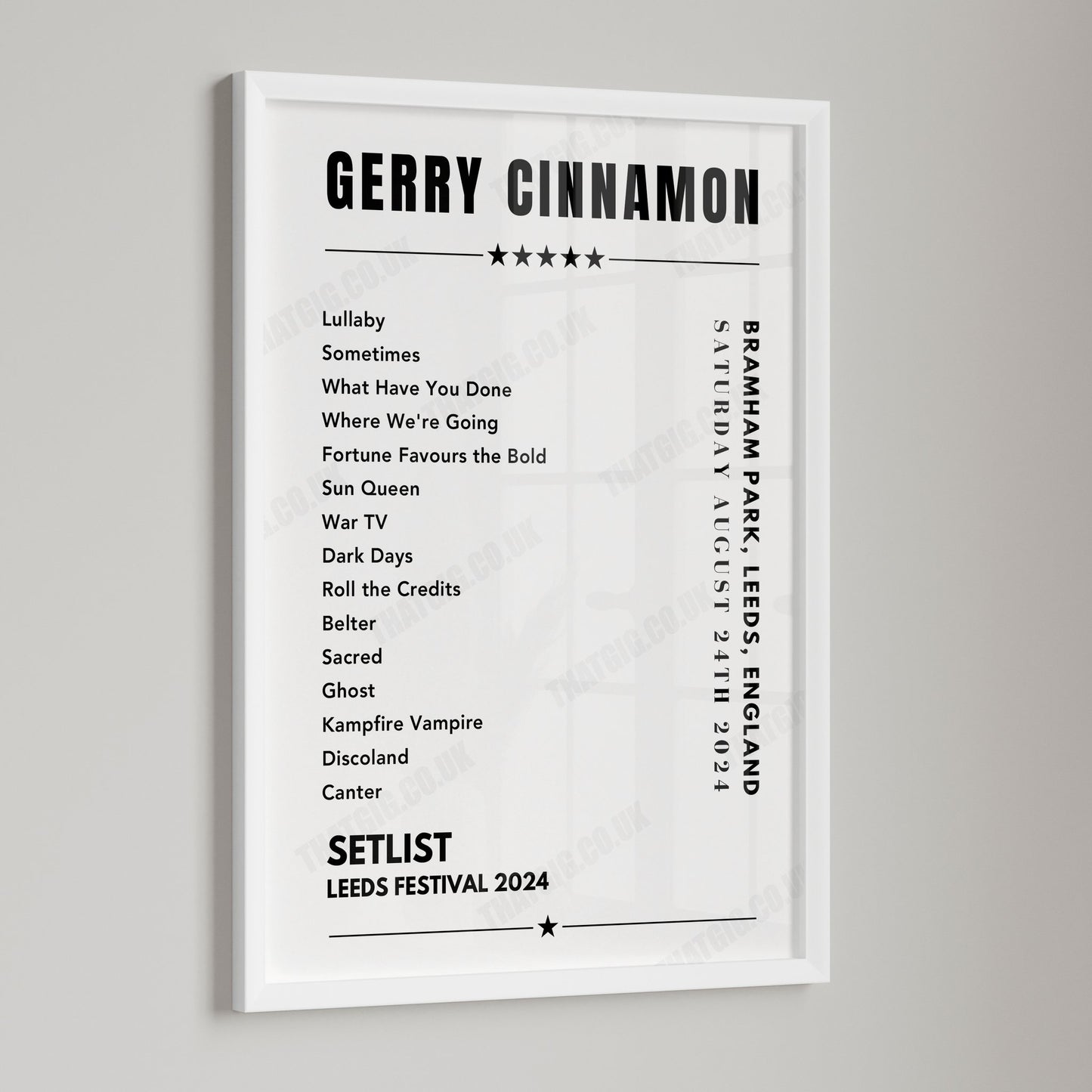Gerry Cinnamon Setlist Poster - Bramham Park, Leeds Festival - August 24th 2024