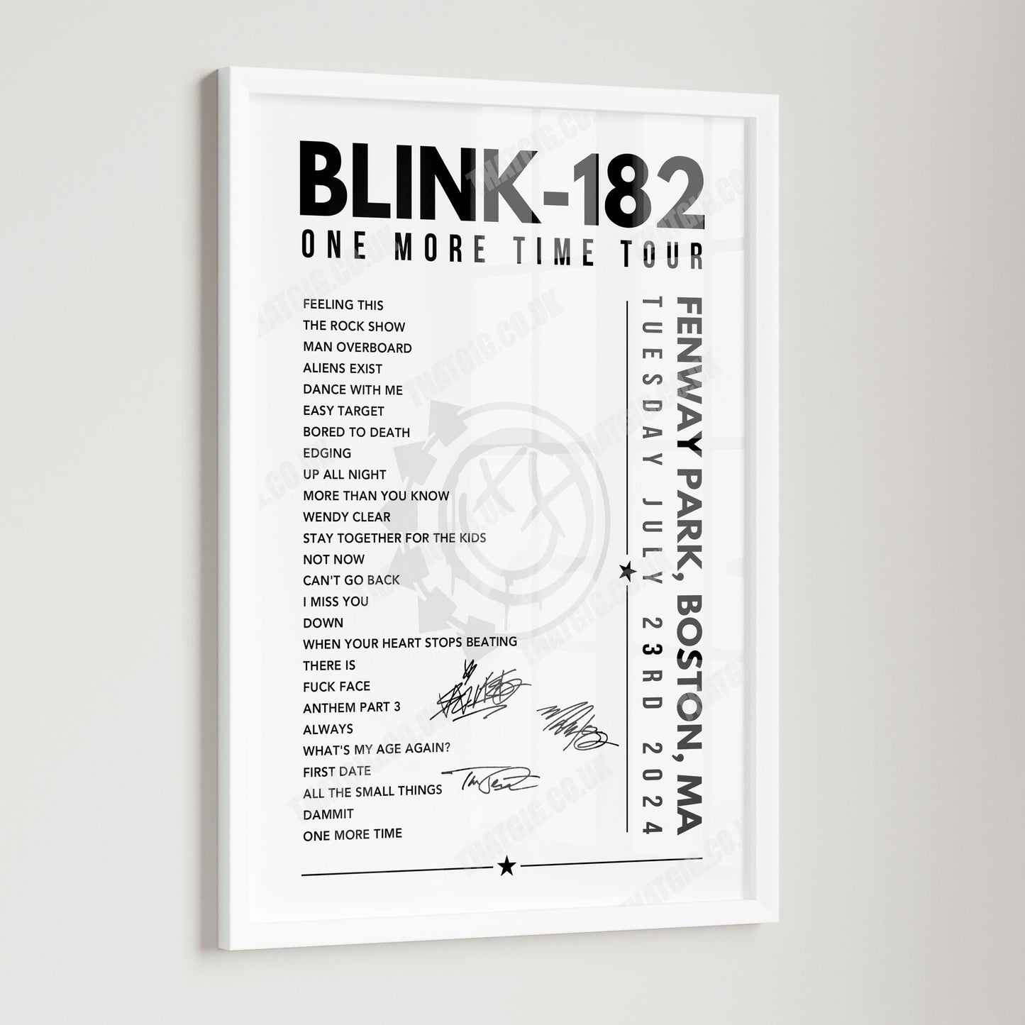 Blink-182 Setlist Poster - Fenway Park, Boston, USA - July 23rd, 2024