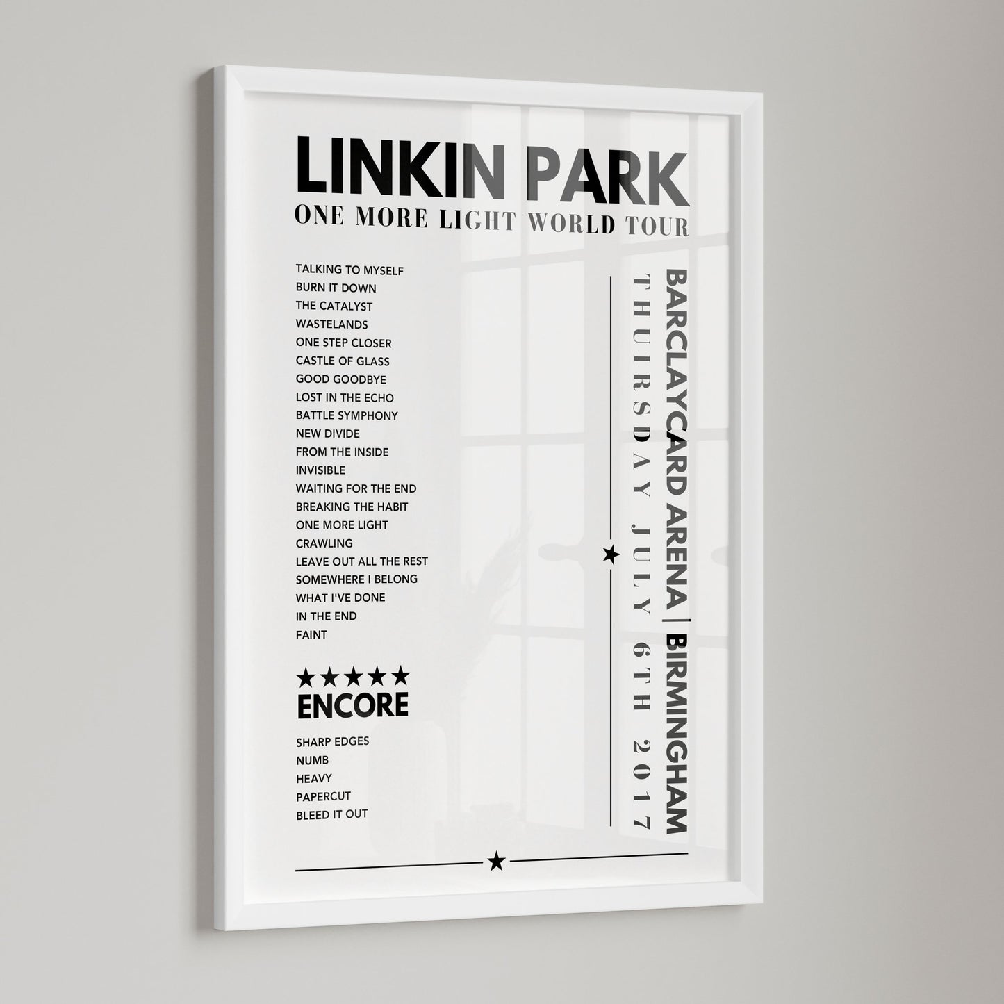 Linkin Park Setlist Poster - Barclaycard Arena, Birmingham - July 6th 2017
