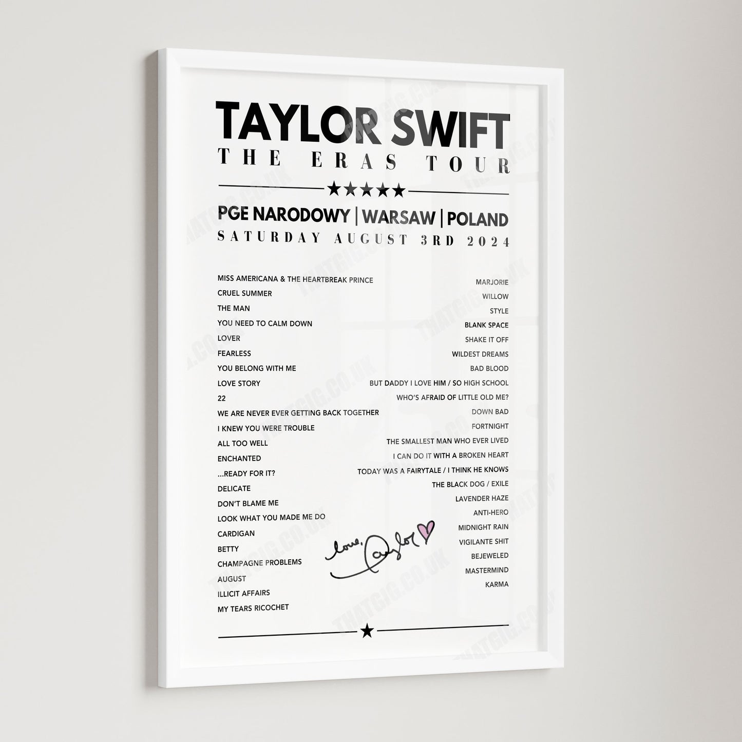 Taylor Swift Setlist Poster - PGE Narodowy, Warsaw - August 3rd, 2024
