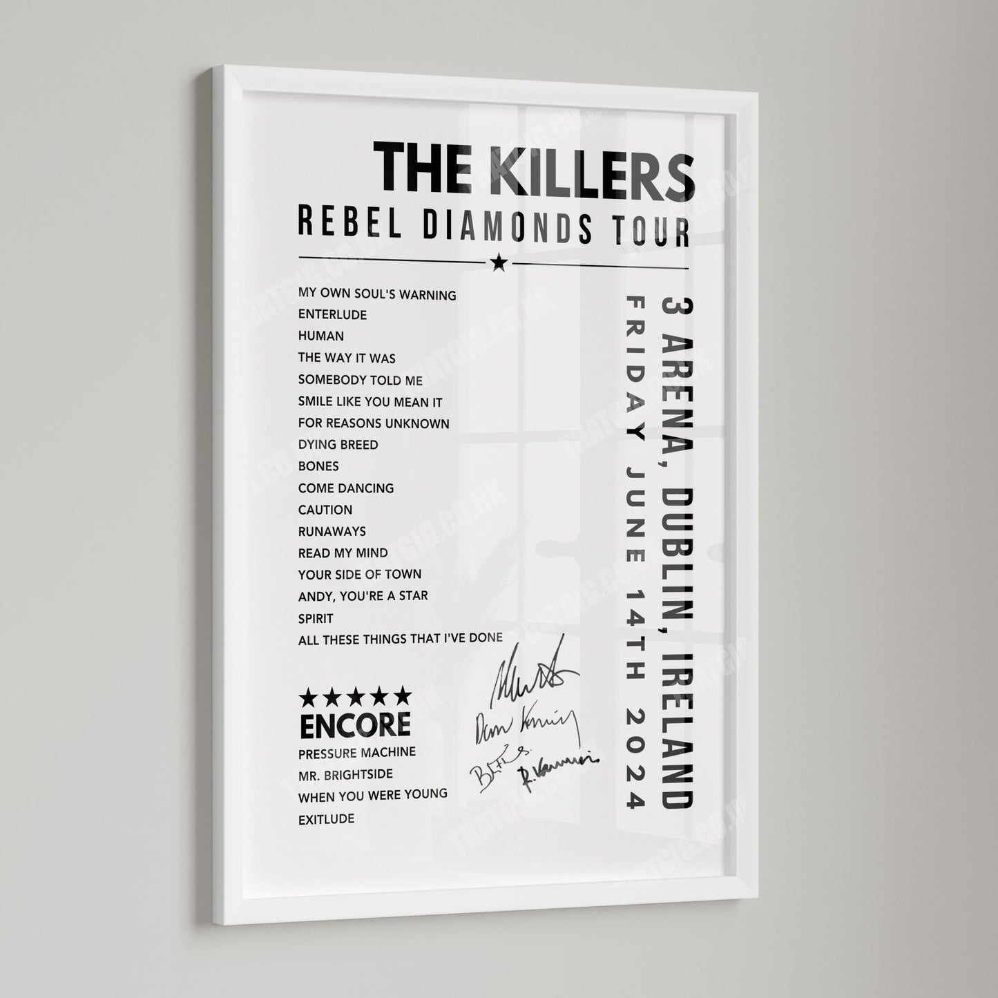 The Killers Setlist Poster - at the 3Arena, Dublin - June 14th, 2024