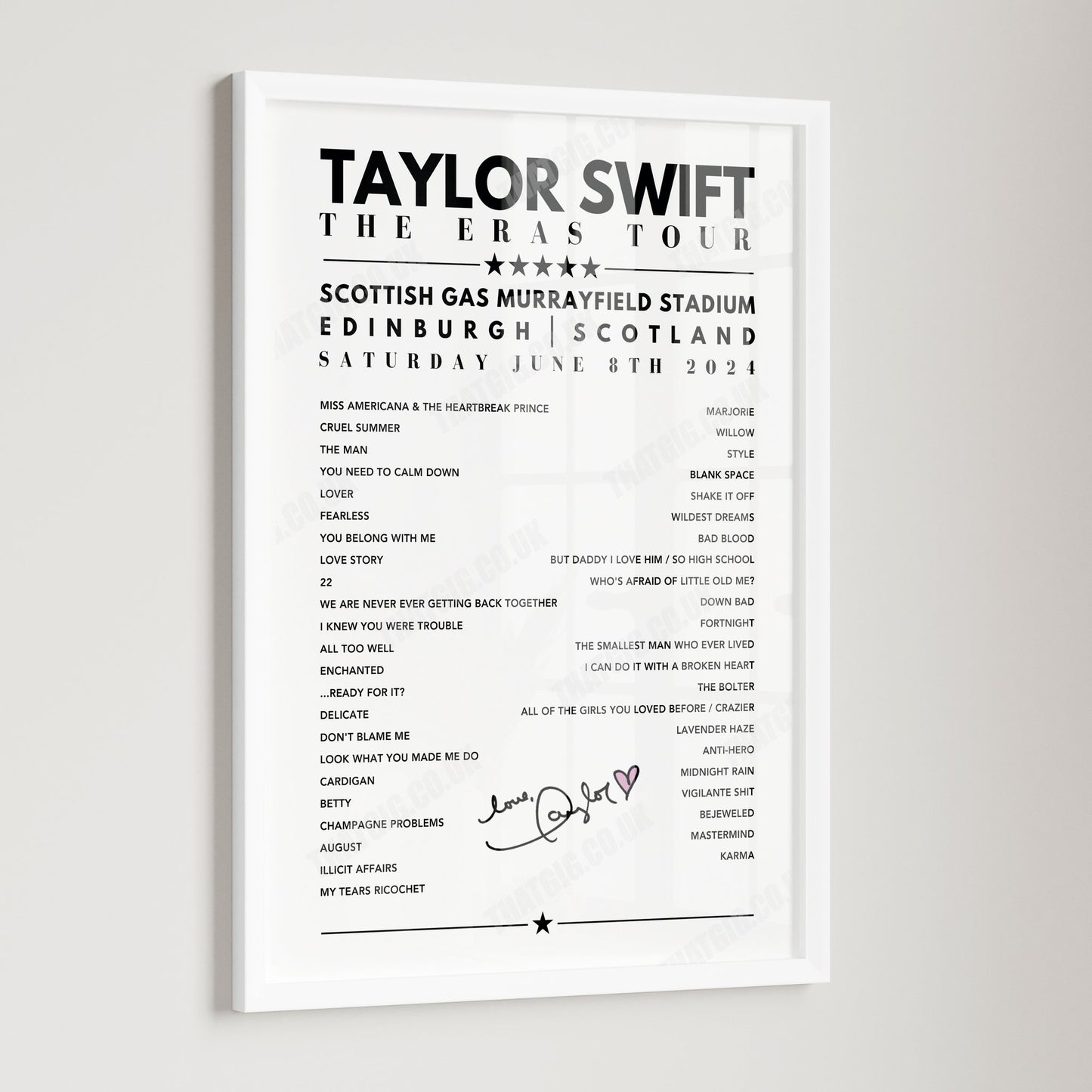 Taylor Swift Setlist Poster - Scottish Gas Murrayfield Stadium, Edinburgh - June 8th, 2024