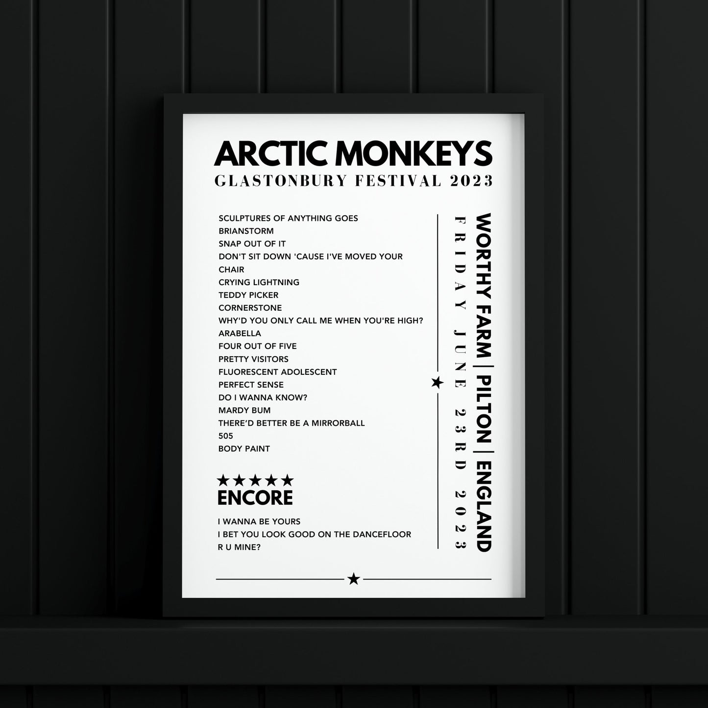 Arctic Monkeys Setlist Poster - at Glastonbury, Worthy Farm, England, on June 23rd, 2023