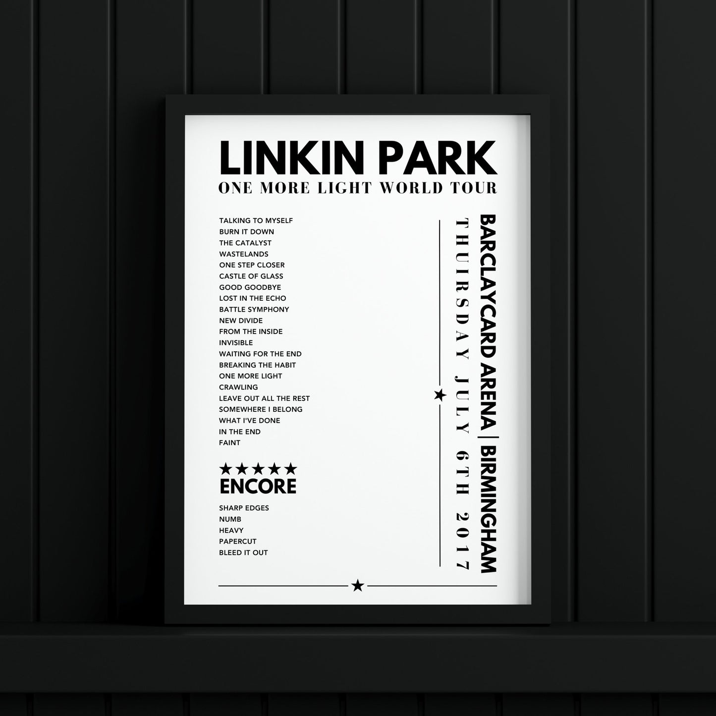 Linkin Park Setlist Poster - Barclaycard Arena, Birmingham - July 6th 2017