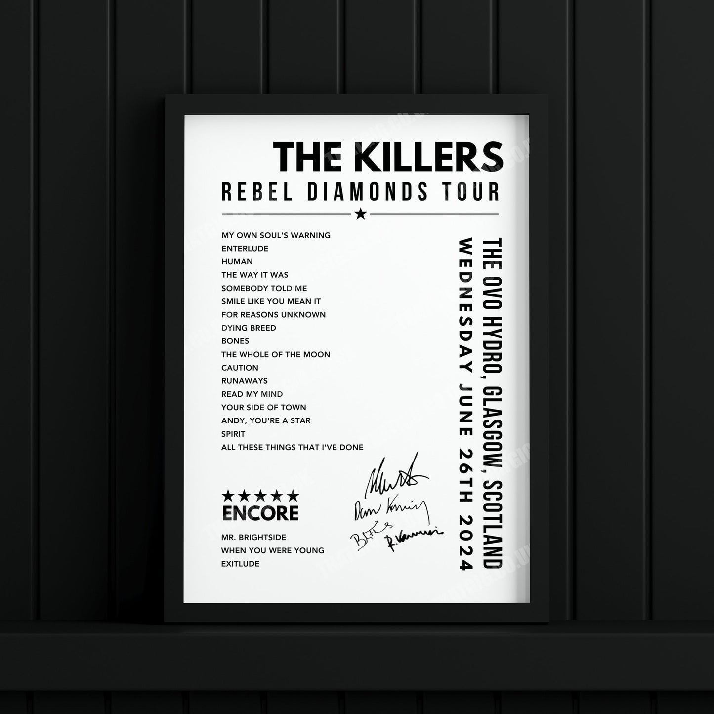 The Killers Setlist Poster - The OVO Hydro, Glasgow - June 26th, 2024