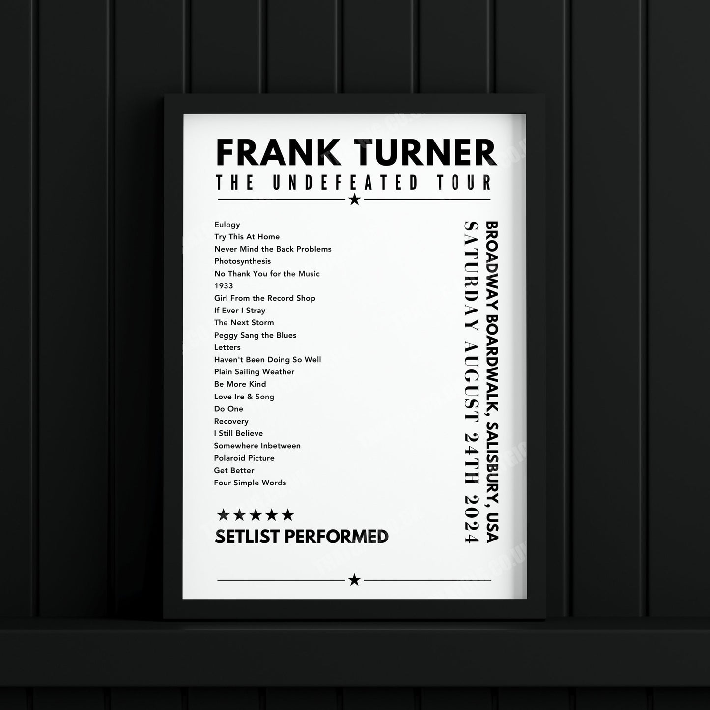 Frank Turner Setlist Poster - Broadway Boardwalk, Salisbury Beach - August 24th, 2024
