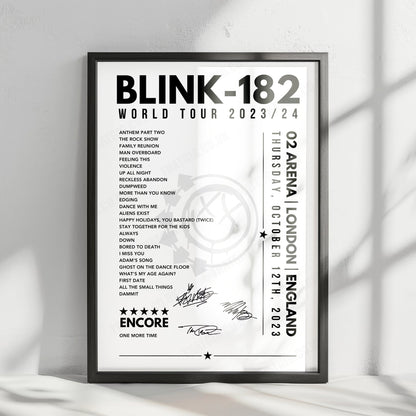 Blink-182 Setlist Poster - The O2 Arena, London - October 12th, 2023