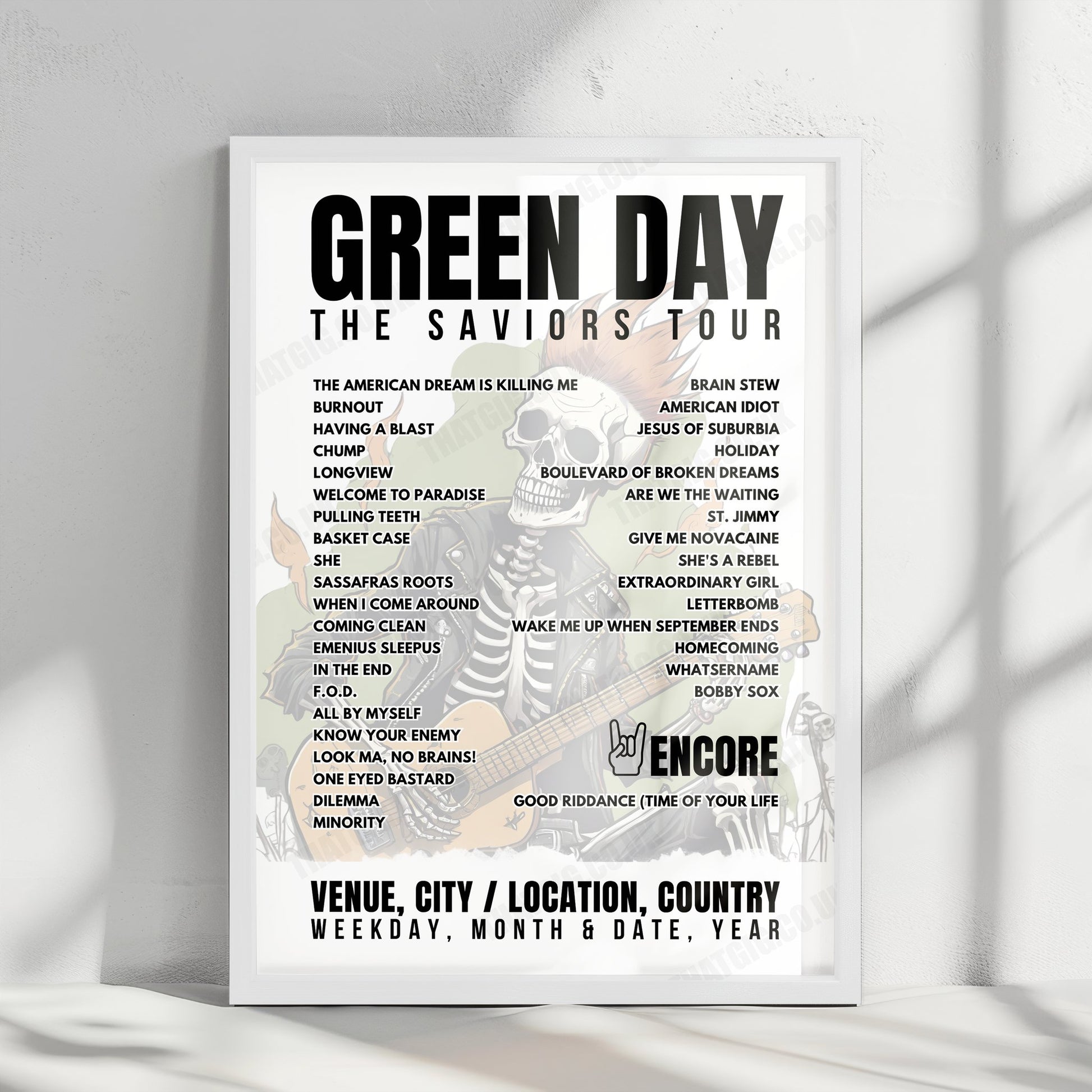 Green Day Setlist Poster - Bellahouston Park, Glasgow - June 25th, 2024