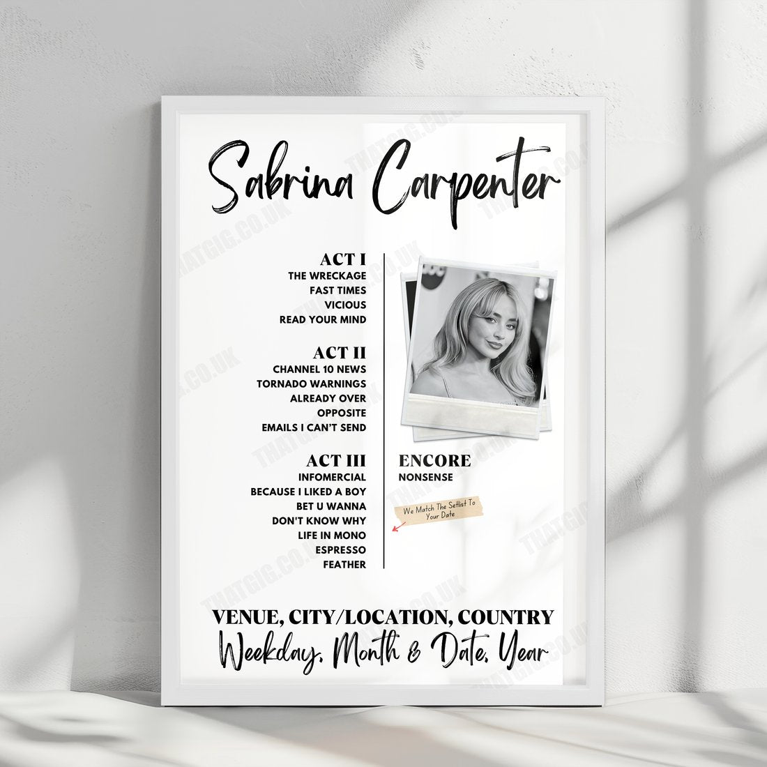 Sabrina Carpenter Setlist Poster - The O2 Arena - March 9th, 2025