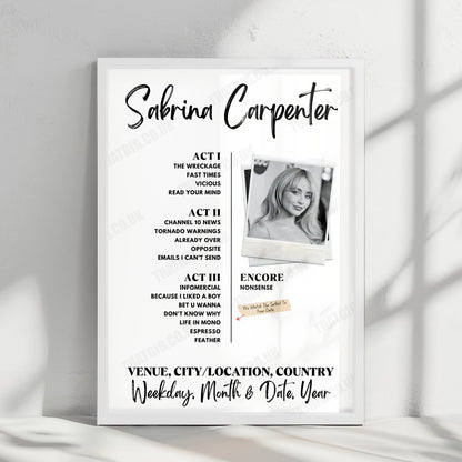 Sabrina Carpenter Setlist Poster - The O2 Arena - March 9th, 2025