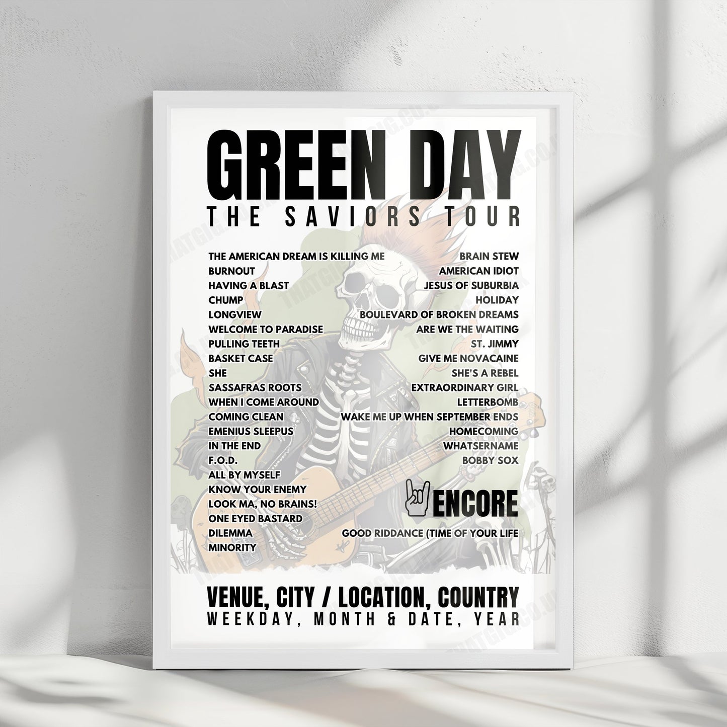 Green Day Setlist Poster - Osaka-jou Hall, Osaka - February 21st, 2025