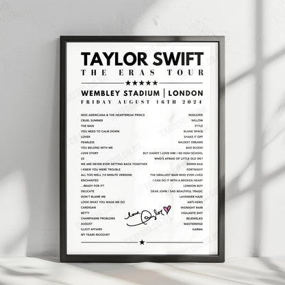 Taylor Swift Setlist Poster - Wembley, London - August 16th 2024