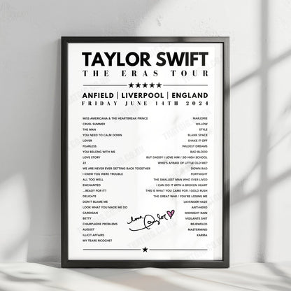 Taylor Swift Setlist Poster - Anfield, Liverpool, 14th June 2024