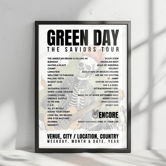 Green Day Setlist Poster - Bellahouston Park, Glasgow - June 25th, 2024