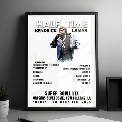 Kendrick Lamar Setlist Poster - Halftime Super Bowl LIX, Caesars Superdome, New Orleans - February 9th, 2025