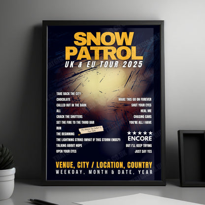 Snow Patrol Setlist Poster - Connexin Live Arena, Kingston upon Hull, England - February 19th, 2025