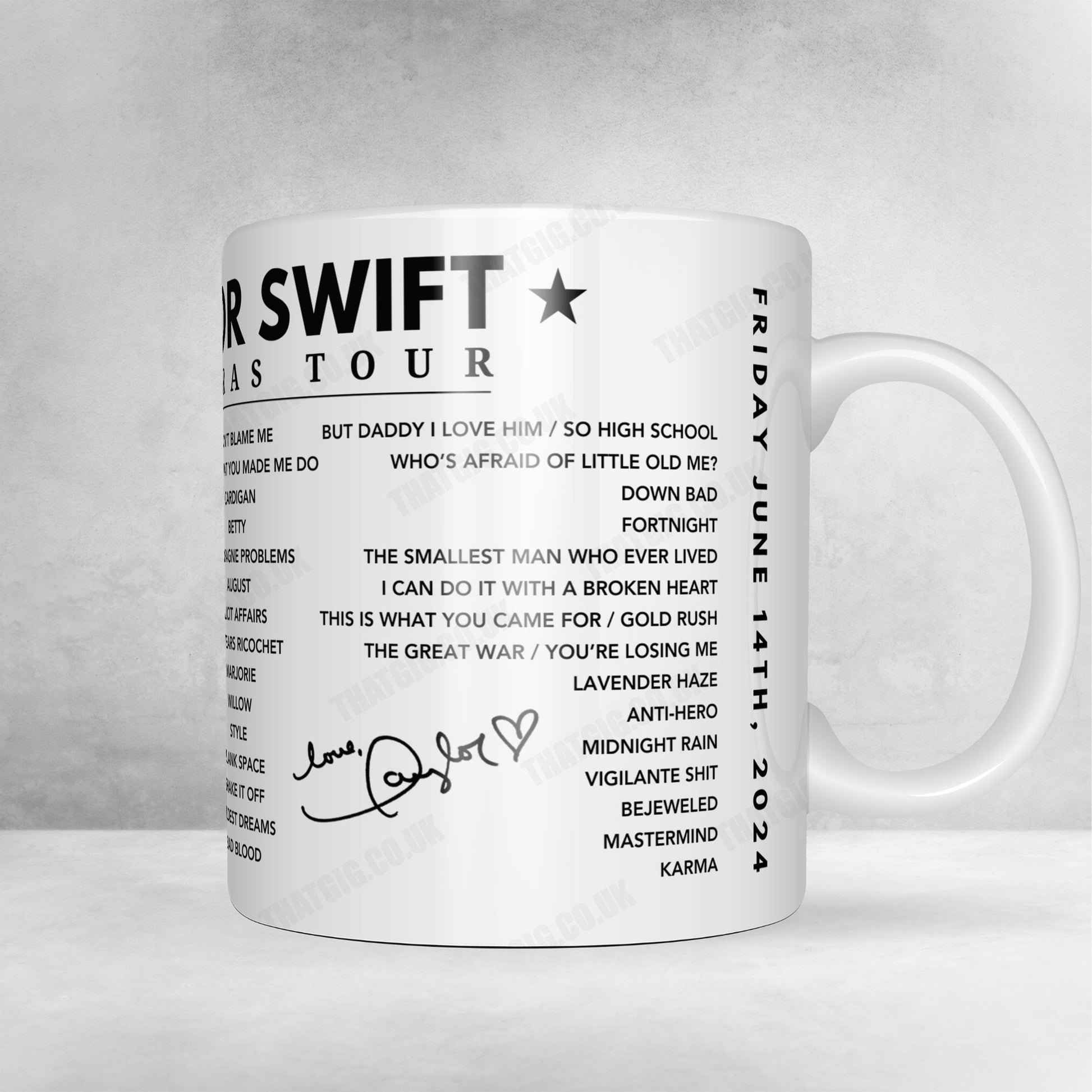 Taylor Swift Setlist Mug - Caesars Superdome, New Orleans, LA, USA - October 26th, 2024