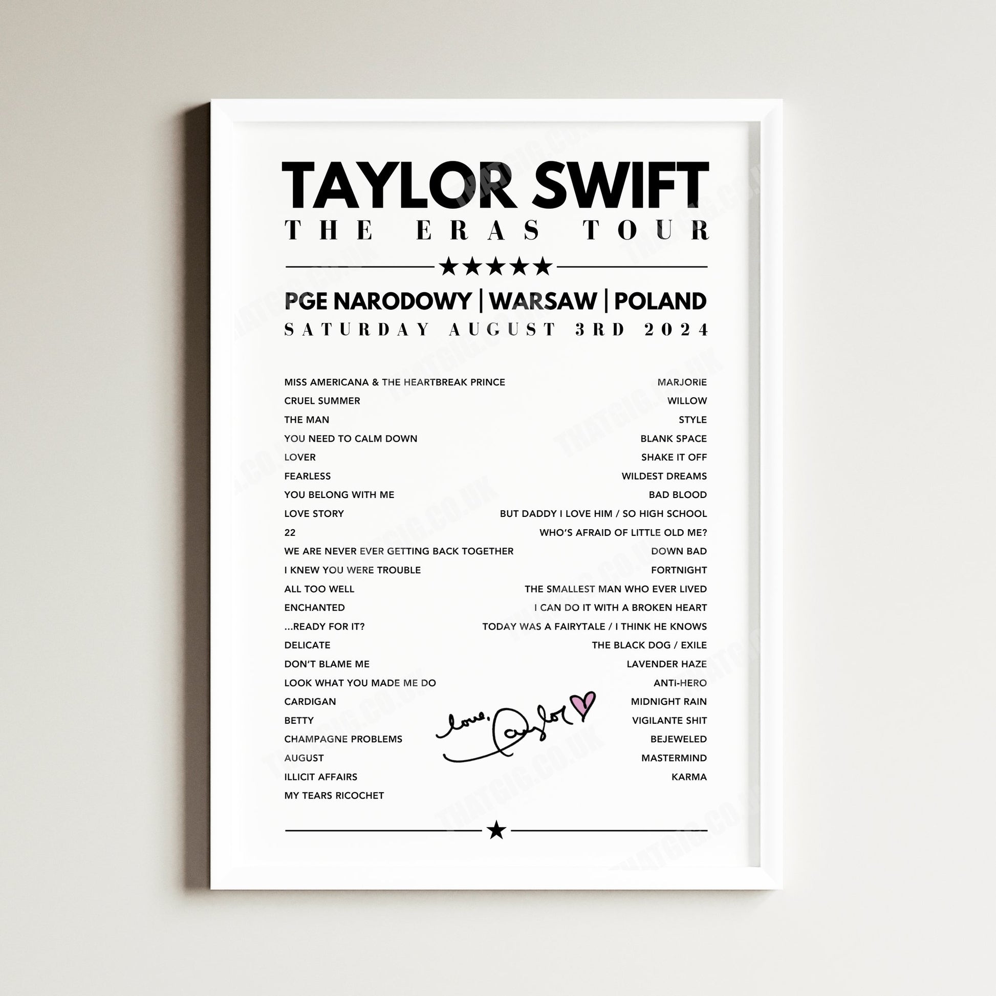 Taylor Swift Setlist Poster - PGE Narodowy, Warsaw - August 3rd, 2024