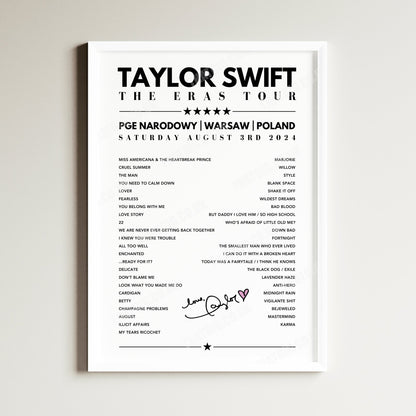 Taylor Swift Setlist Poster - PGE Narodowy, Warsaw - August 3rd, 2024