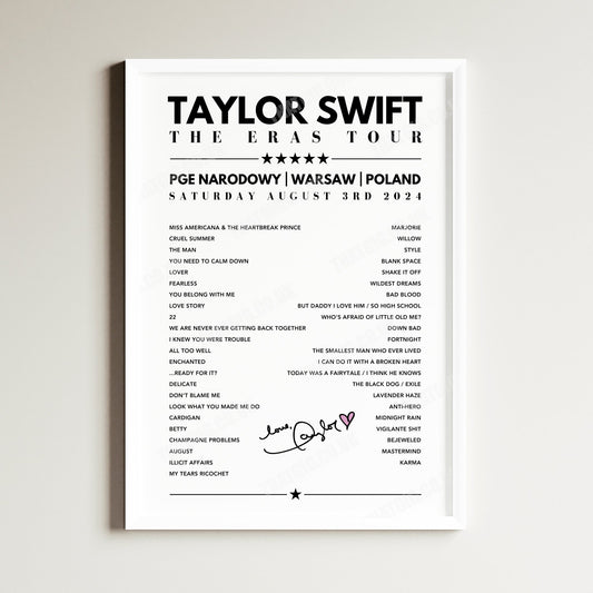 Taylor Swift Setlist Poster - PGE Narodowy, Warsaw - August 3rd, 2024