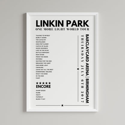 Linkin Park Setlist Poster - Barclaycard Arena, Birmingham - July 6th 2017