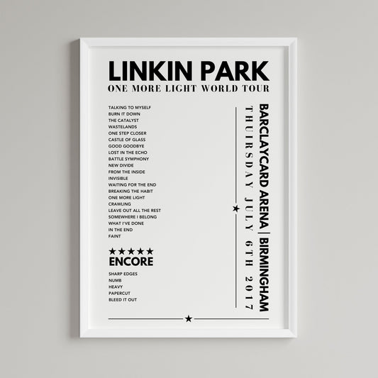 Linkin Park Setlist Poster - Barclaycard Arena, Birmingham - July 6th 2017