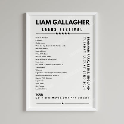 Liam Gallagher Setlist Poster - Leeds Festival - August 23rd, 2024