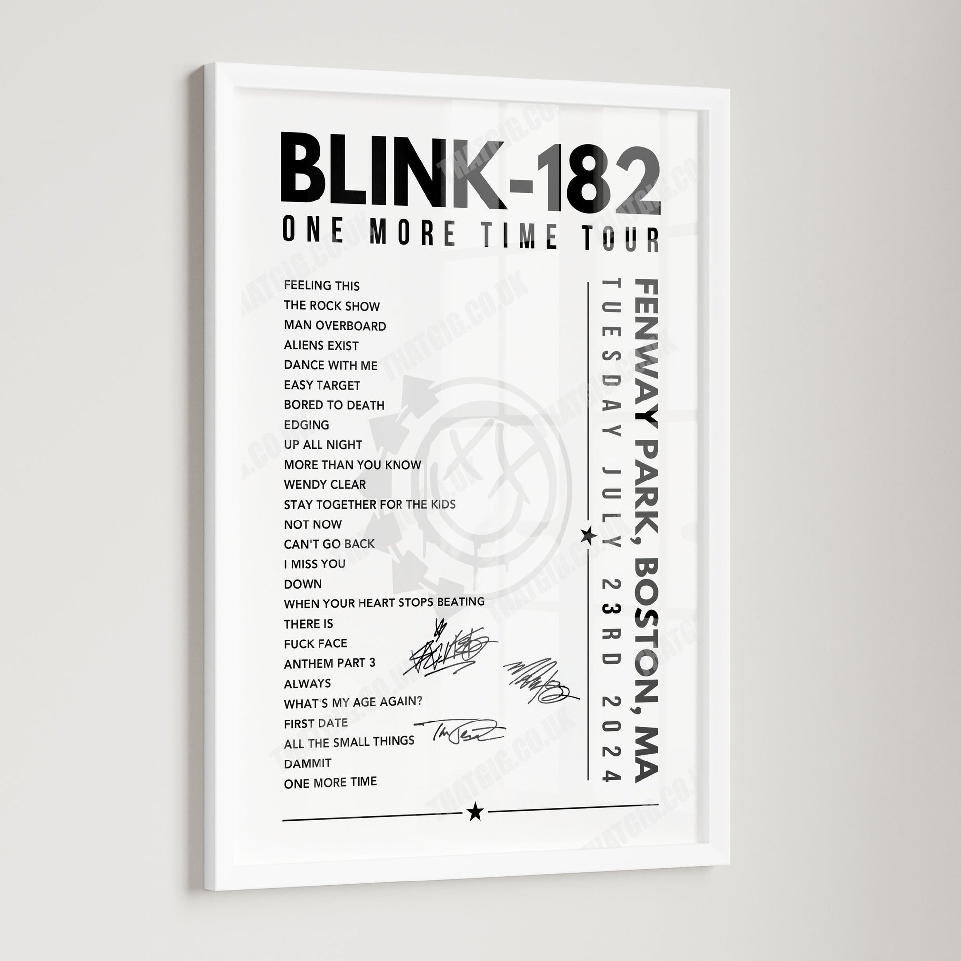 Blink-182 Setlist Poster - Fenway Park, Boston, USA - July 23rd, 2024