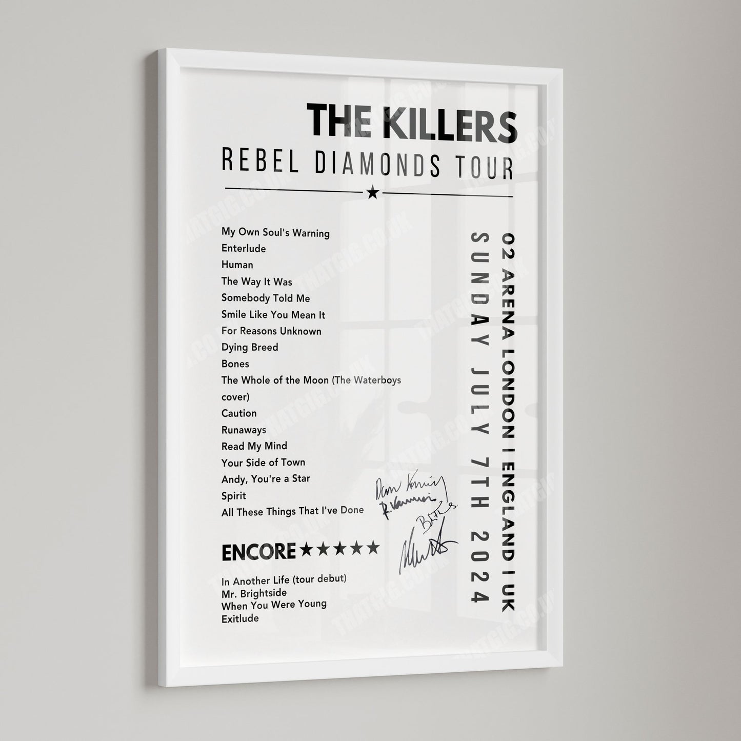 The Killers Setlist Poster - 02 Arena, London, England on July 7th, 2024