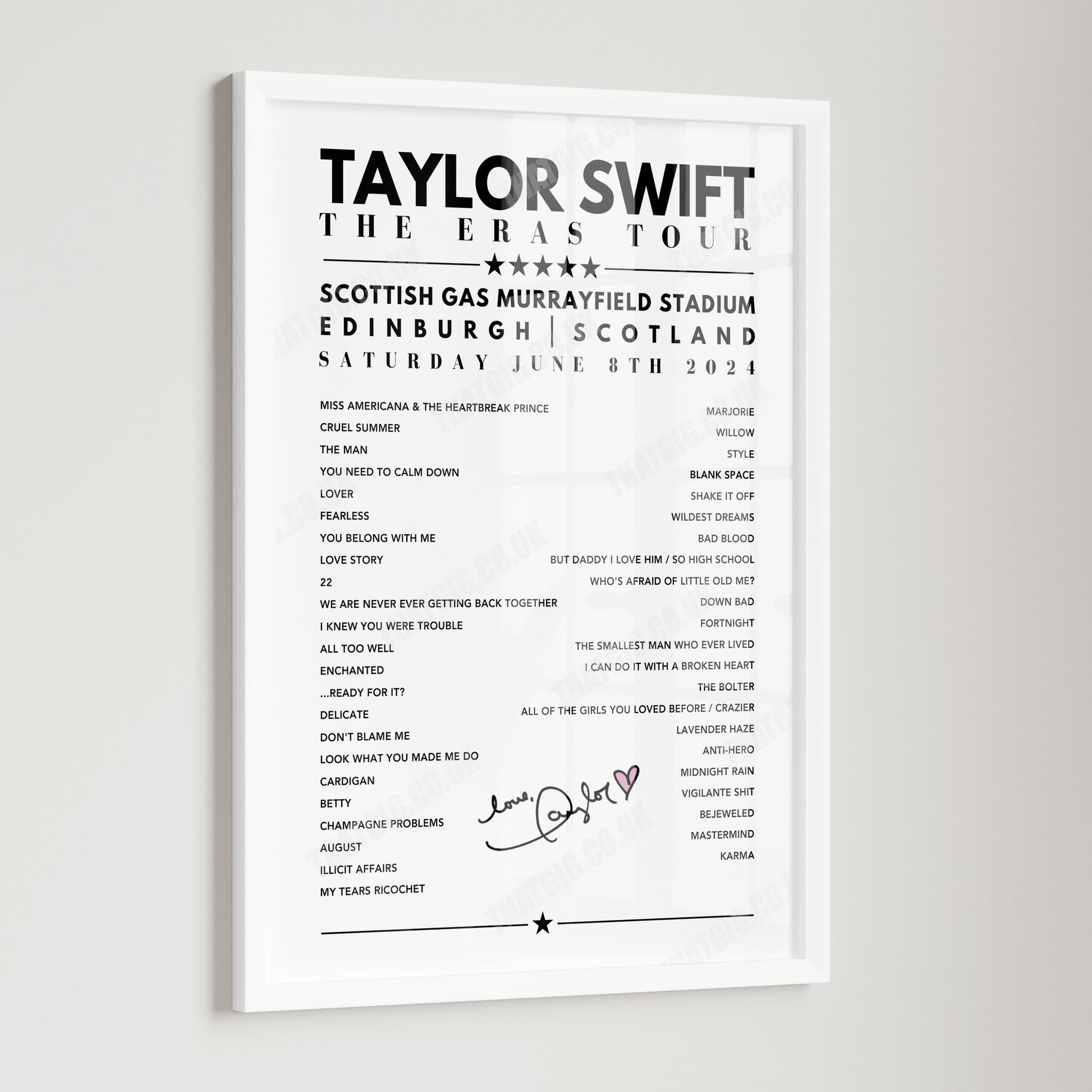 Taylor Swift Setlist Poster - Scottish Gas Murrayfield Stadium, Edinburgh - June 8th, 2024