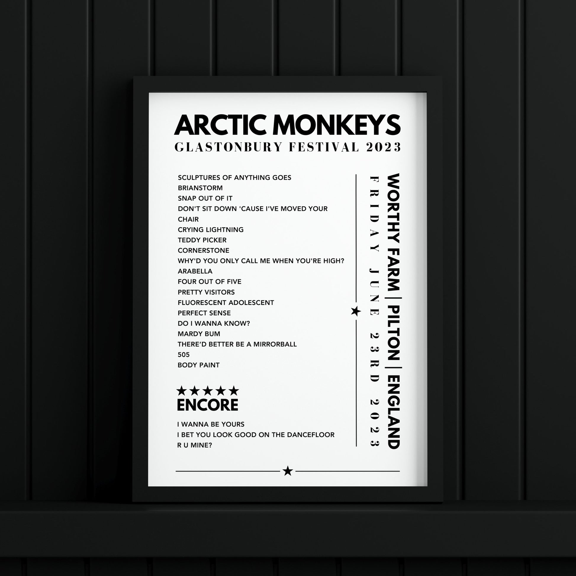 Arctic Monkeys Setlist Poster - at Glastonbury, Worthy Farm, England, on June 23rd, 2023