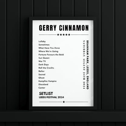 Gerry Cinnamon Setlist Poster - Bramham Park, Leeds Festival - August 24th 2024
