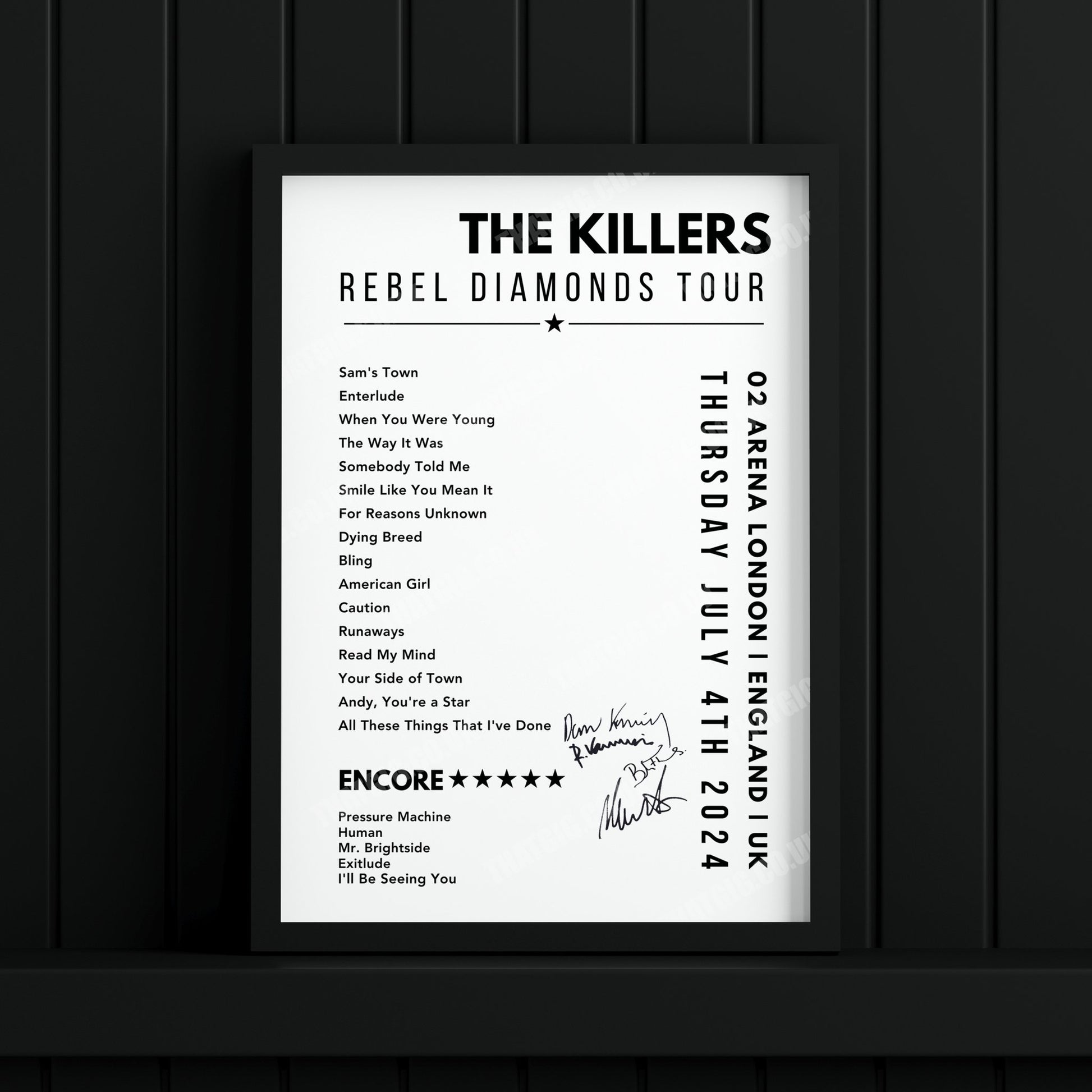 The Killers Setlist Poster - 02 Arena, London, England on July 4th, 2024