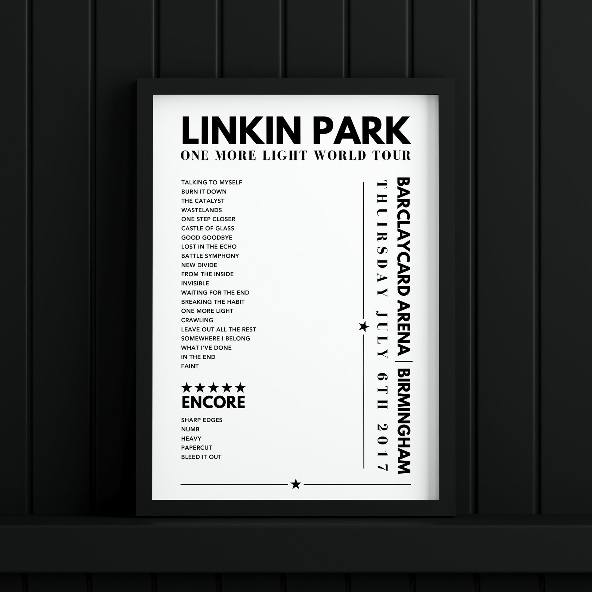 Linkin Park Setlist Poster - Barclaycard Arena, Birmingham - July 6th 2017