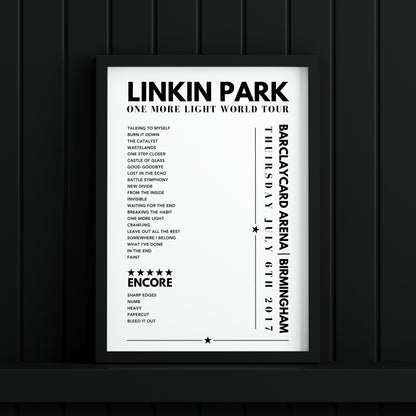 Linkin Park Setlist Poster - Barclaycard Arena, Birmingham - July 6th 2017
