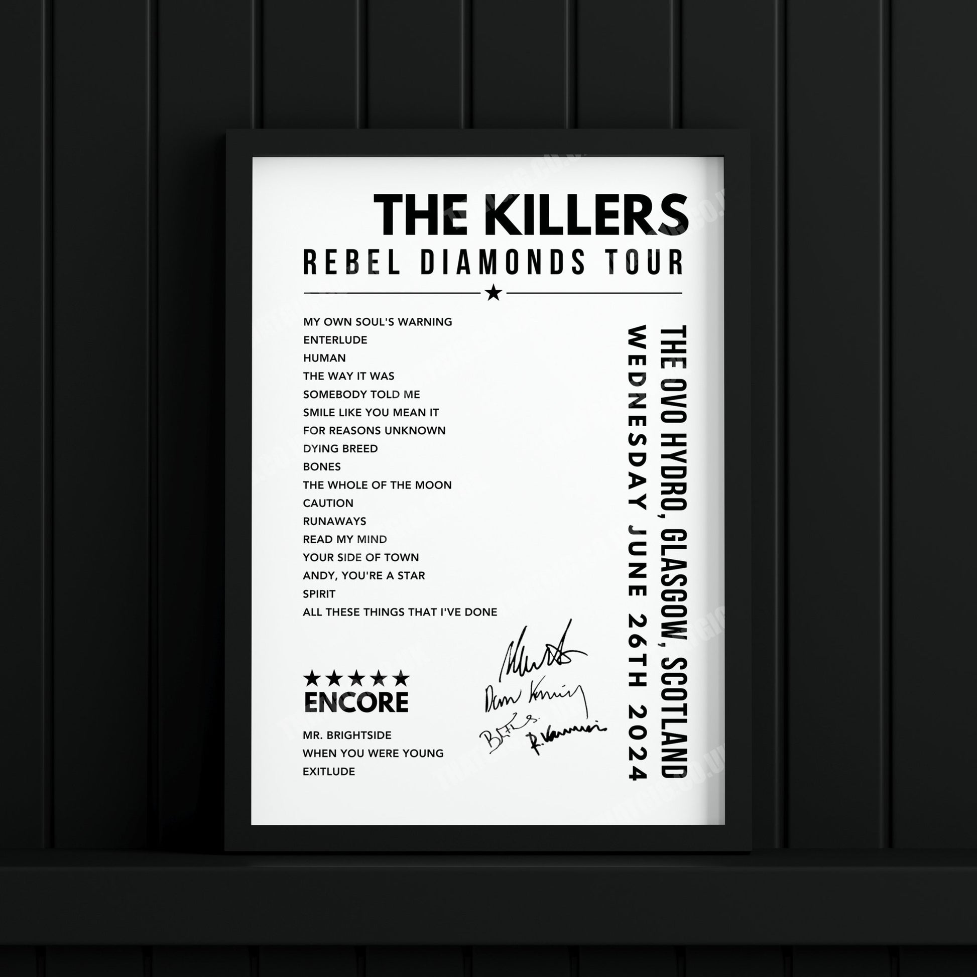 The Killers Setlist Poster - The OVO Hydro, Glasgow - June 26th, 2024