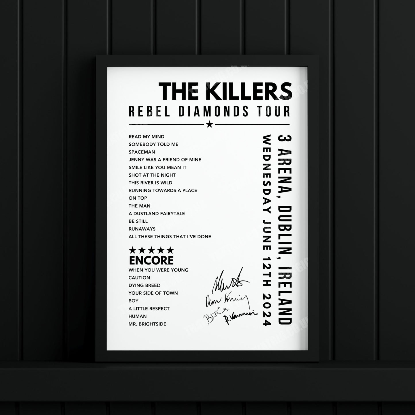 The Killers Setlist Poster - at the 3Arena, Dublin - June 12th, 2024