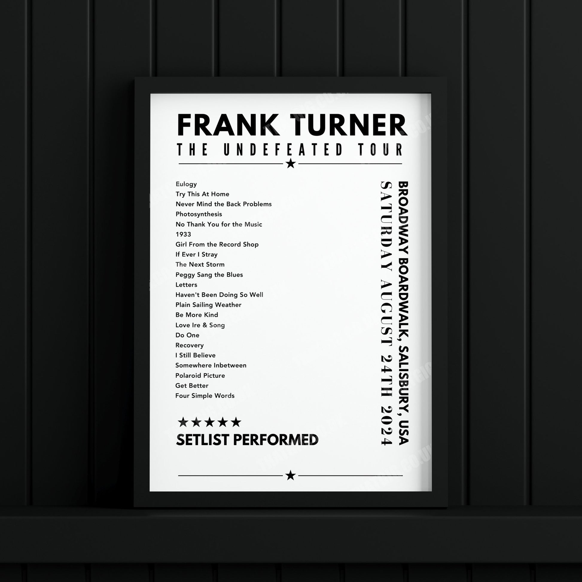 Frank Turner Setlist Poster - Broadway Boardwalk, Salisbury Beach - August 24th, 2024