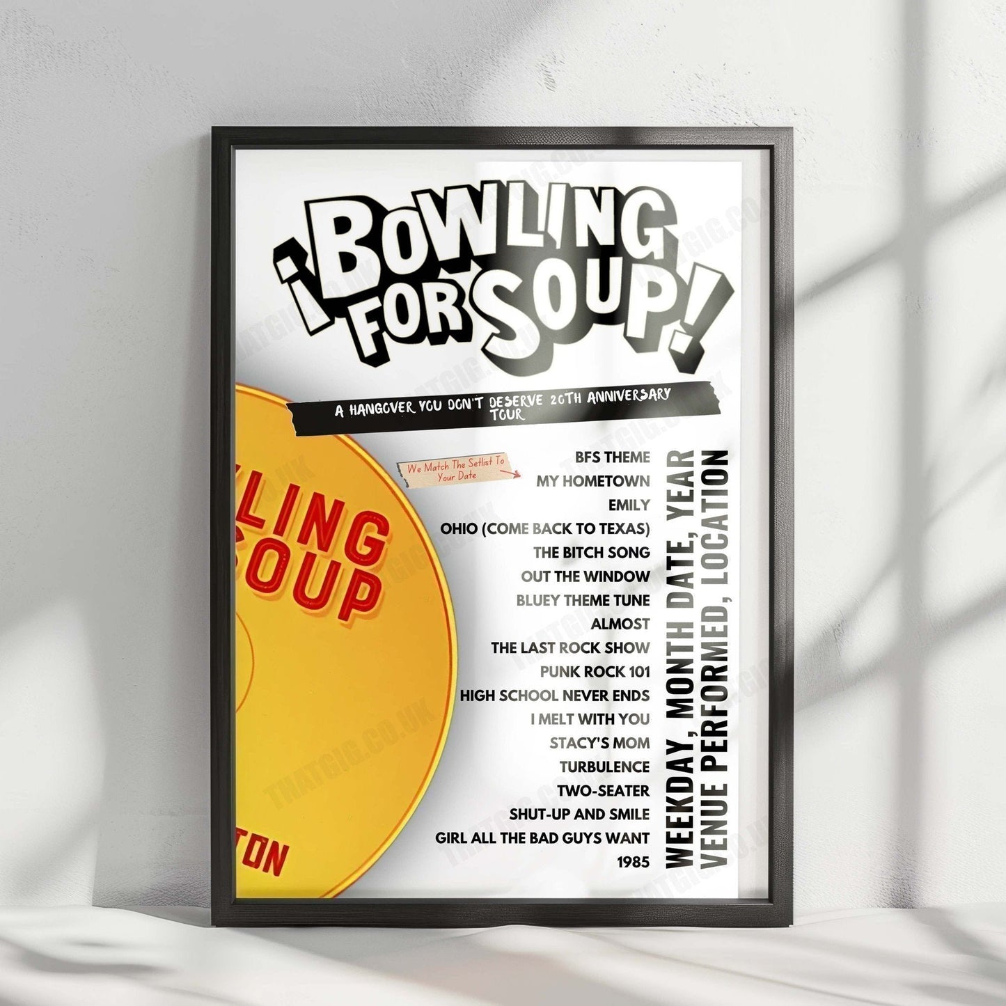 Bowling for Soup Setlist Poster - Union Hall Edmonton - October 16th, 2024
